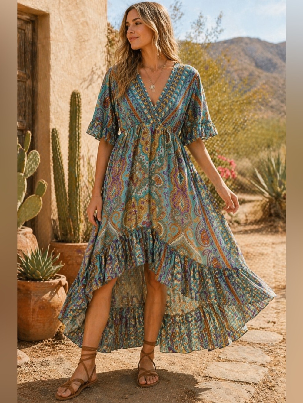Earthbound Trading Co Paisley Boho Maxi Dress XXL Teal Ruffle Sleeve Tiered NWT